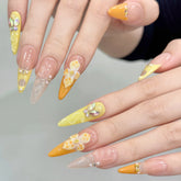 10pcs Vitality Orange French Handmade Press On Nails 3D Carving Egg Flower Designs False Nail Long Ballet Summer Fake Nail Tips